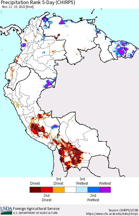 Northern South America Precipitation Rank since 1981, 5-Day (CHIRPS) Thematic Map For 11/11/2022 - 11/15/2022