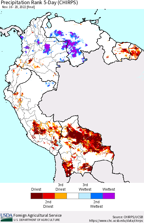 Northern South America Precipitation Rank 5-Day (CHIRPS) Thematic Map For 11/16/2022 - 11/20/2022