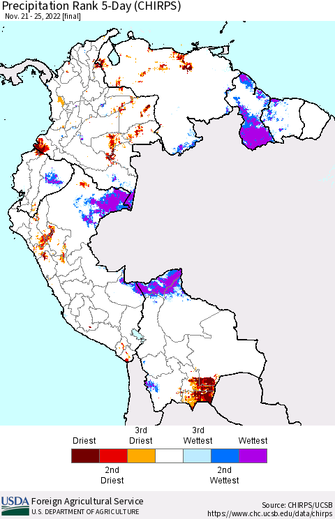 Northern South America Precipitation Rank 5-Day (CHIRPS) Thematic Map For 11/21/2022 - 11/25/2022