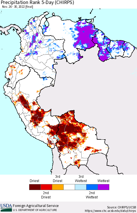Northern South America Precipitation Rank 5-Day (CHIRPS) Thematic Map For 11/26/2022 - 11/30/2022