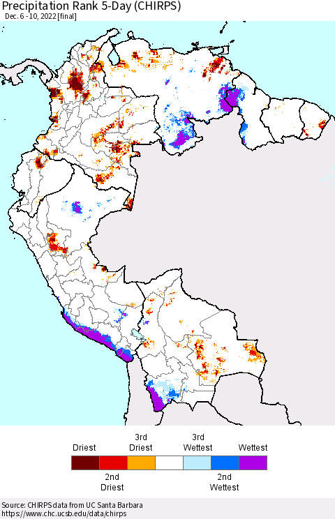 Northern South America Precipitation Rank 5-Day (CHIRPS) Thematic Map For 12/6/2022 - 12/10/2022