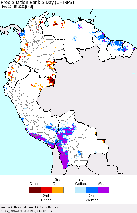 Northern South America Precipitation Rank 5-Day (CHIRPS) Thematic Map For 12/11/2022 - 12/15/2022