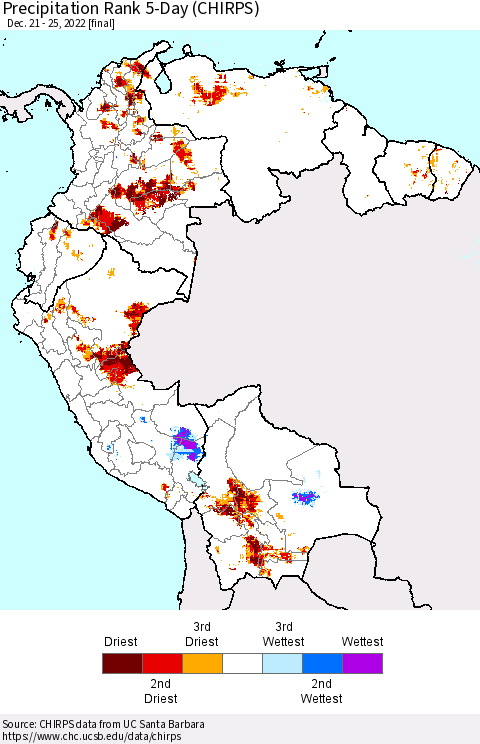 Northern South America Precipitation Rank 5-Day (CHIRPS) Thematic Map For 12/21/2022 - 12/25/2022