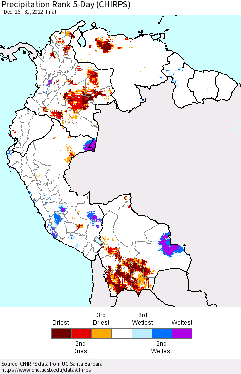Northern South America Precipitation Rank 5-Day (CHIRPS) Thematic Map For 12/26/2022 - 12/31/2022