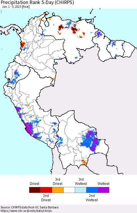 Northern South America Precipitation Rank since 1981, 5-Day (CHIRPS) Thematic Map For 1/1/2023 - 1/5/2023