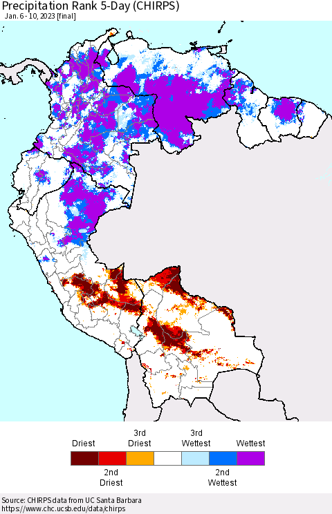 Northern South America Precipitation Rank 5-Day (CHIRPS) Thematic Map For 1/6/2023 - 1/10/2023