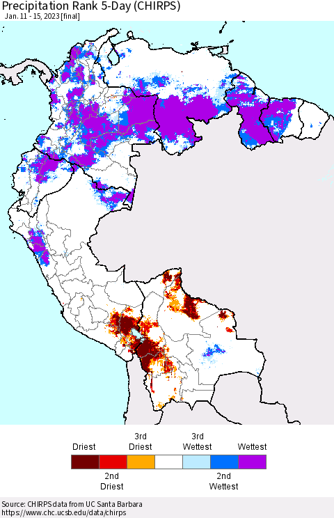 Northern South America Precipitation Rank 5-Day (CHIRPS) Thematic Map For 1/11/2023 - 1/15/2023