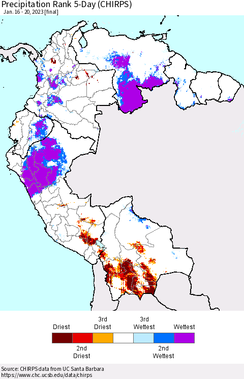 Northern South America Precipitation Rank 5-Day (CHIRPS) Thematic Map For 1/16/2023 - 1/20/2023