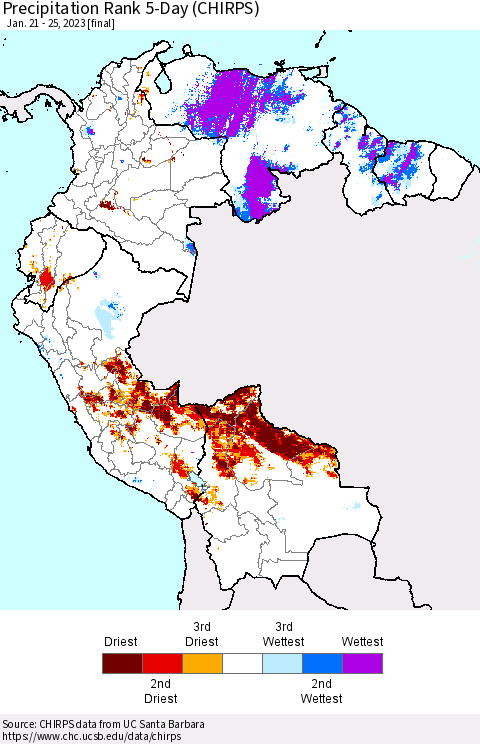 Northern South America Precipitation Rank 5-Day (CHIRPS) Thematic Map For 1/21/2023 - 1/25/2023