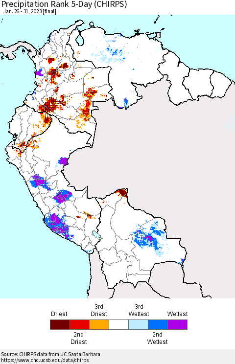 Northern South America Precipitation Rank 5-Day (CHIRPS) Thematic Map For 1/26/2023 - 1/31/2023