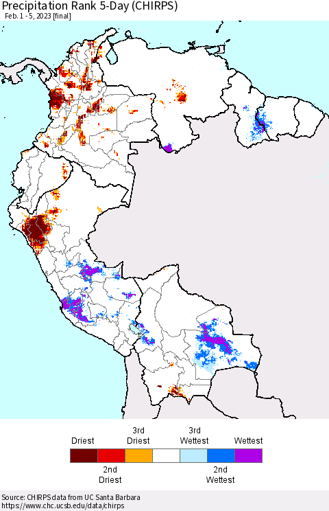 Northern South America Precipitation Rank since 1981, 5-Day (CHIRPS) Thematic Map For 2/1/2023 - 2/5/2023