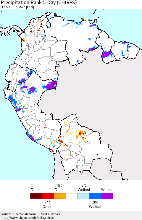 Northern South America Precipitation Rank 5-Day (CHIRPS) Thematic Map For 2/11/2023 - 2/15/2023
