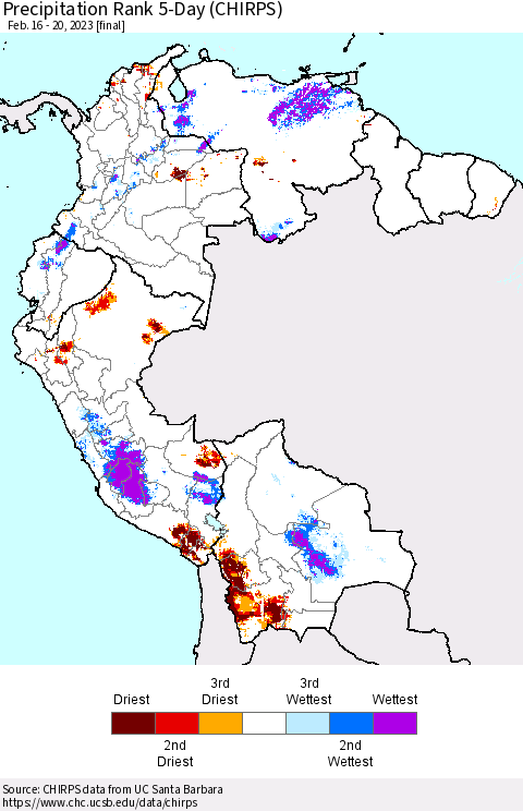 Northern South America Precipitation Rank 5-Day (CHIRPS) Thematic Map For 2/16/2023 - 2/20/2023