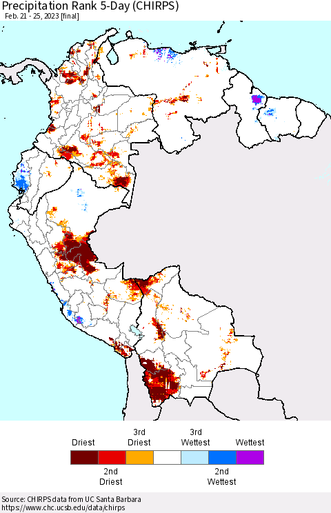 Northern South America Precipitation Rank 5-Day (CHIRPS) Thematic Map For 2/21/2023 - 2/25/2023