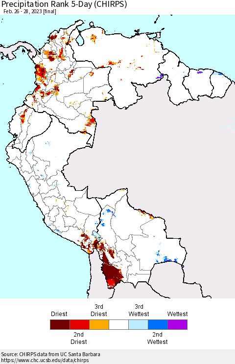 Northern South America Precipitation Rank 5-Day (CHIRPS) Thematic Map For 2/26/2023 - 2/28/2023