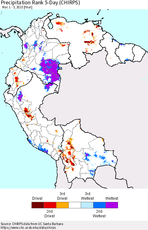 Northern South America Precipitation Rank since 1981, 5-Day (CHIRPS) Thematic Map For 3/1/2023 - 3/5/2023