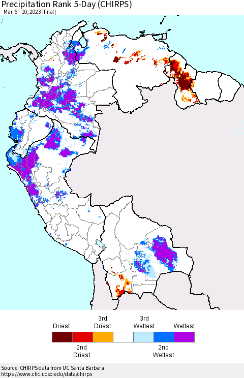 Northern South America Precipitation Rank since 1981, 5-Day (CHIRPS) Thematic Map For 3/6/2023 - 3/10/2023