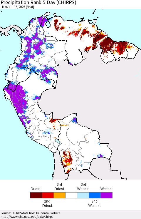 Northern South America Precipitation Rank since 1981, 5-Day (CHIRPS) Thematic Map For 3/11/2023 - 3/15/2023