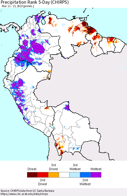 Northern South America Precipitation Rank 5-Day (CHIRPS) Thematic Map For 3/11/2023 - 3/15/2023