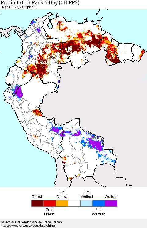 Northern South America Precipitation Rank since 1981, 5-Day (CHIRPS) Thematic Map For 3/16/2023 - 3/20/2023