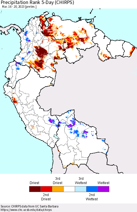 Northern South America Precipitation Rank 5-Day (CHIRPS) Thematic Map For 3/16/2023 - 3/20/2023
