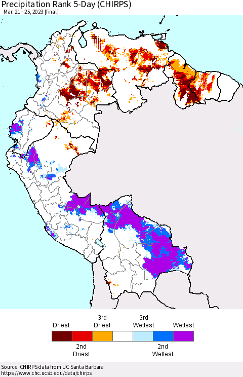 Northern South America Precipitation Rank since 1981, 5-Day (CHIRPS) Thematic Map For 3/21/2023 - 3/25/2023