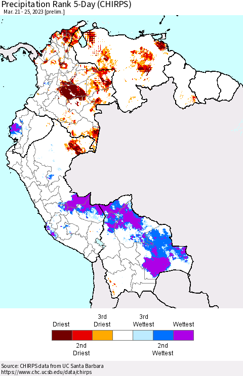 Northern South America Precipitation Rank 5-Day (CHIRPS) Thematic Map For 3/21/2023 - 3/25/2023