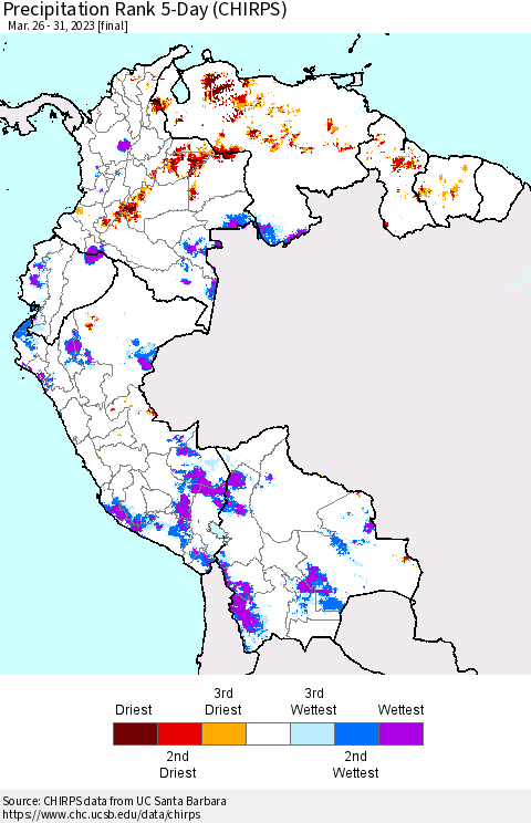 Northern South America Precipitation Rank since 1981, 5-Day (CHIRPS) Thematic Map For 3/26/2023 - 3/31/2023
