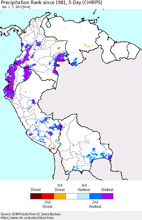 Northern South America Precipitation Rank since 1981, 5-Day (CHIRPS) Thematic Map For 4/1/2023 - 4/5/2023
