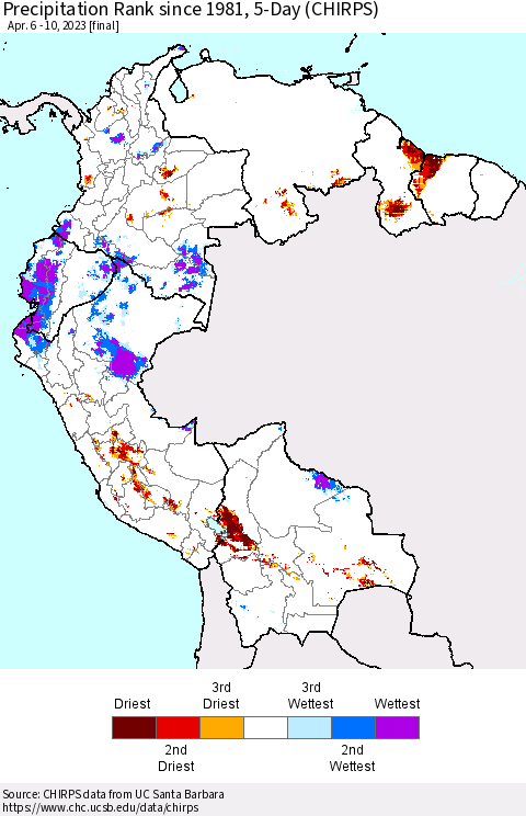Northern South America Precipitation Rank since 1981, 5-Day (CHIRPS) Thematic Map For 4/6/2023 - 4/10/2023