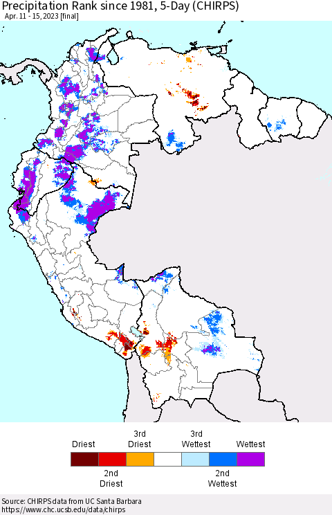 Northern South America Precipitation Rank since 1981, 5-Day (CHIRPS) Thematic Map For 4/11/2023 - 4/15/2023