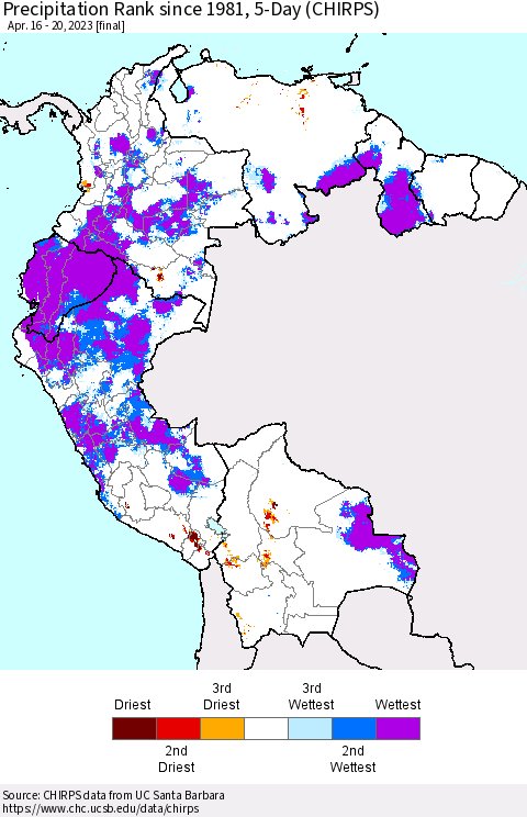 Northern South America Precipitation Rank since 1981, 5-Day (CHIRPS) Thematic Map For 4/16/2023 - 4/20/2023