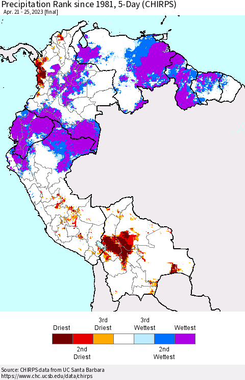 Northern South America Precipitation Rank since 1981, 5-Day (CHIRPS) Thematic Map For 4/21/2023 - 4/25/2023