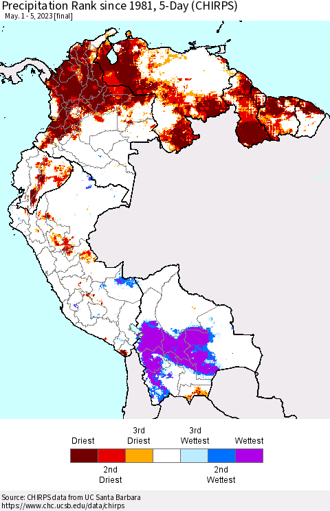 Northern South America Precipitation Rank since 1981, 5-Day (CHIRPS) Thematic Map For 5/1/2023 - 5/5/2023