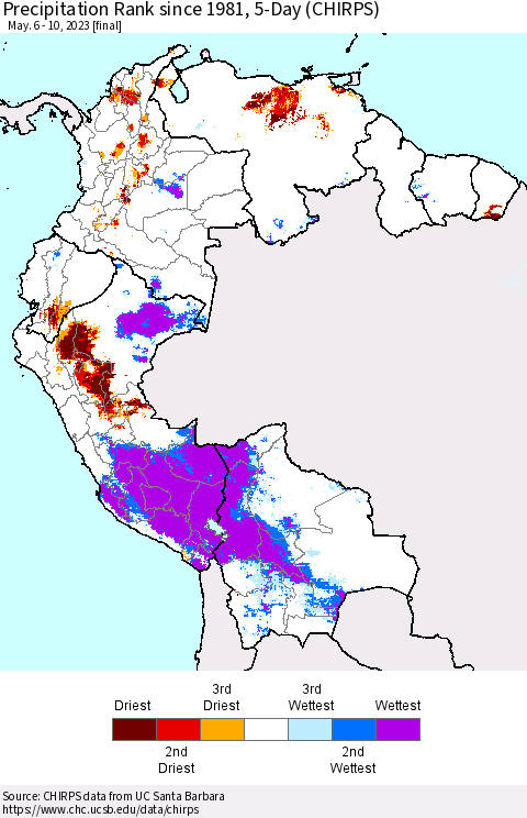 Northern South America Precipitation Rank since 1981, 5-Day (CHIRPS) Thematic Map For 5/6/2023 - 5/10/2023