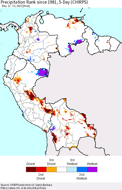 Northern South America Precipitation Rank since 1981, 5-Day (CHIRPS) Thematic Map For 5/11/2023 - 5/15/2023