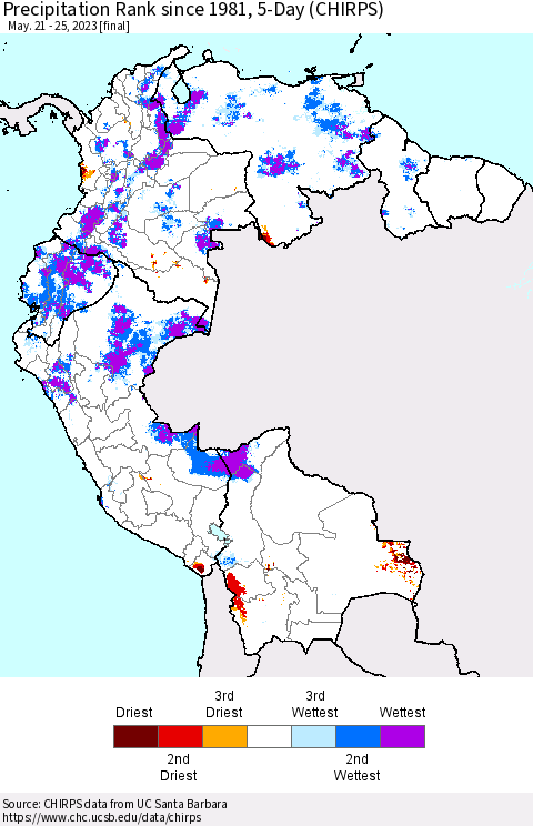 Northern South America Precipitation Rank since 1981, 5-Day (CHIRPS) Thematic Map For 5/21/2023 - 5/25/2023
