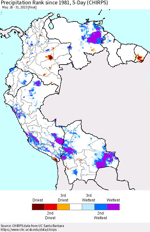 Northern South America Precipitation Rank since 1981, 5-Day (CHIRPS) Thematic Map For 5/26/2023 - 5/31/2023