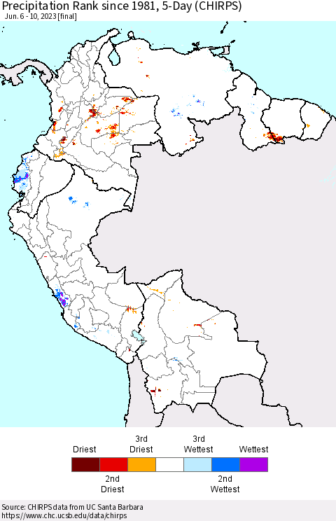 Northern South America Precipitation Rank since 1981, 5-Day (CHIRPS) Thematic Map For 6/6/2023 - 6/10/2023