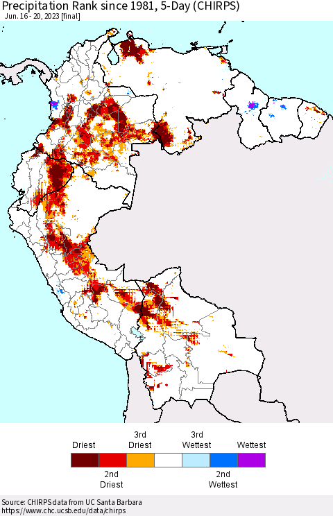 Northern South America Precipitation Rank since 1981, 5-Day (CHIRPS) Thematic Map For 6/16/2023 - 6/20/2023