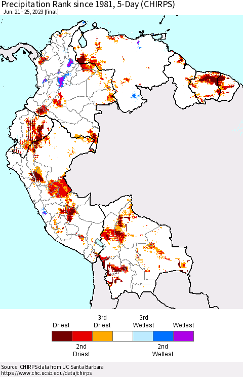 Northern South America Precipitation Rank since 1981, 5-Day (CHIRPS) Thematic Map For 6/21/2023 - 6/25/2023
