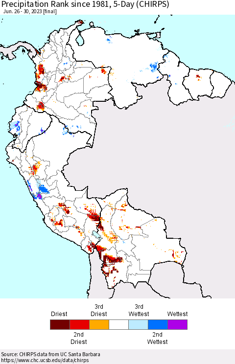 Northern South America Precipitation Rank since 1981, 5-Day (CHIRPS) Thematic Map For 6/26/2023 - 6/30/2023