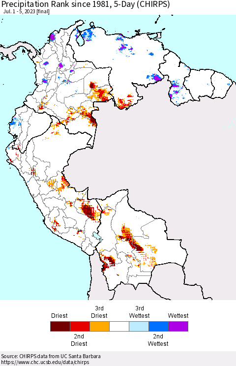 Northern South America Precipitation Rank since 1981, 5-Day (CHIRPS) Thematic Map For 7/1/2023 - 7/5/2023