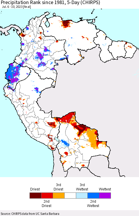 Northern South America Precipitation Rank since 1981, 5-Day (CHIRPS) Thematic Map For 7/6/2023 - 7/10/2023