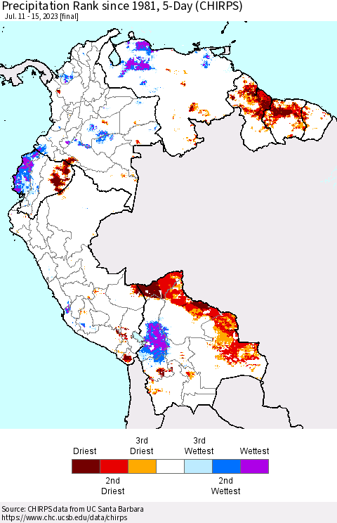 Northern South America Precipitation Rank since 1981, 5-Day (CHIRPS) Thematic Map For 7/11/2023 - 7/15/2023