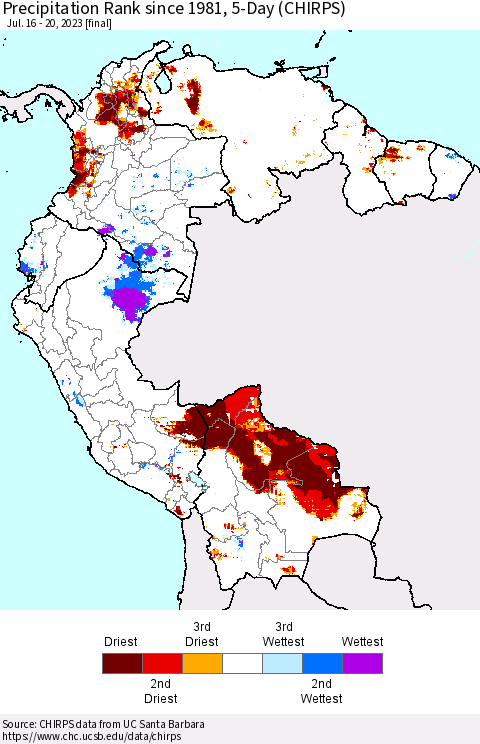 Northern South America Precipitation Rank since 1981, 5-Day (CHIRPS) Thematic Map For 7/16/2023 - 7/20/2023