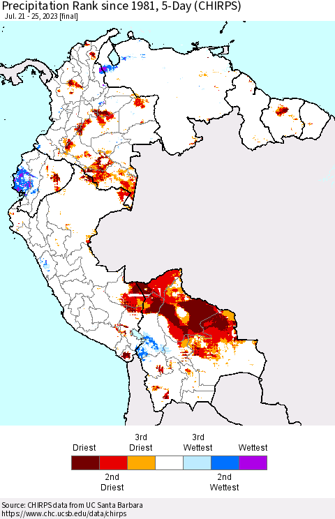 Northern South America Precipitation Rank since 1981, 5-Day (CHIRPS) Thematic Map For 7/21/2023 - 7/25/2023
