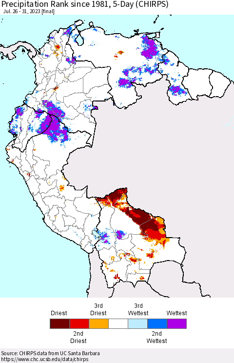 Northern South America Precipitation Rank since 1981, 5-Day (CHIRPS) Thematic Map For 7/26/2023 - 7/31/2023