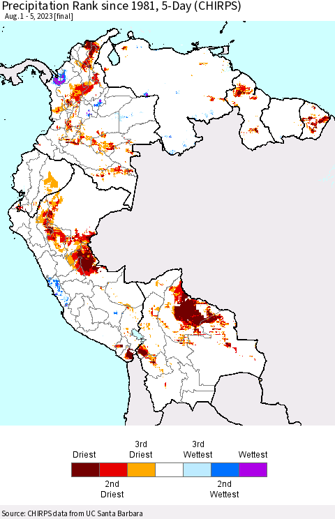 Northern South America Precipitation Rank since 1981, 5-Day (CHIRPS) Thematic Map For 8/1/2023 - 8/5/2023