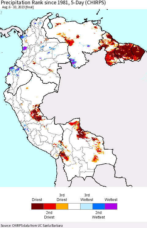 Northern South America Precipitation Rank since 1981, 5-Day (CHIRPS) Thematic Map For 8/6/2023 - 8/10/2023